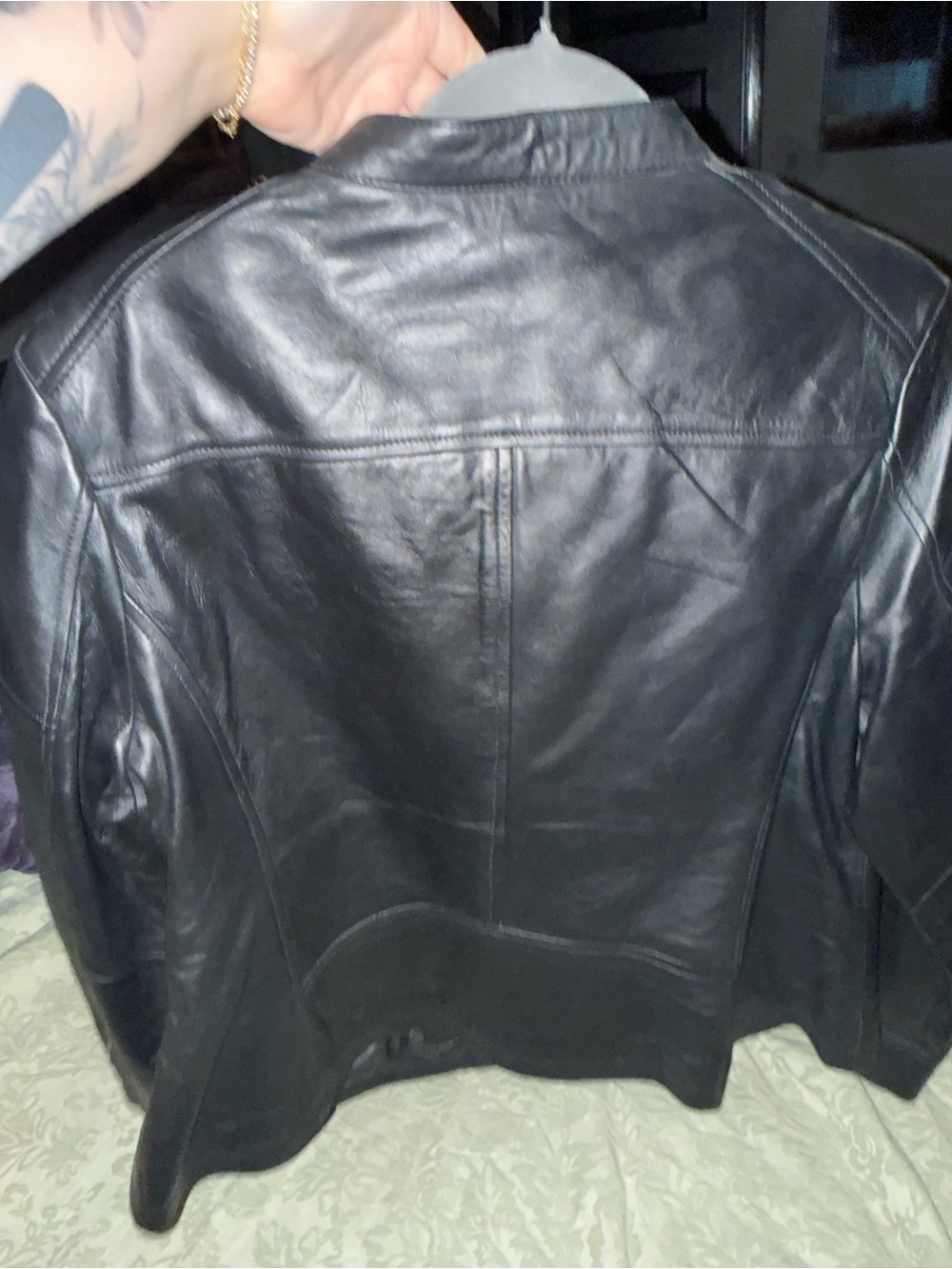 Women's Black Woven-Panel Leather Jacket - Picture 4 of 4